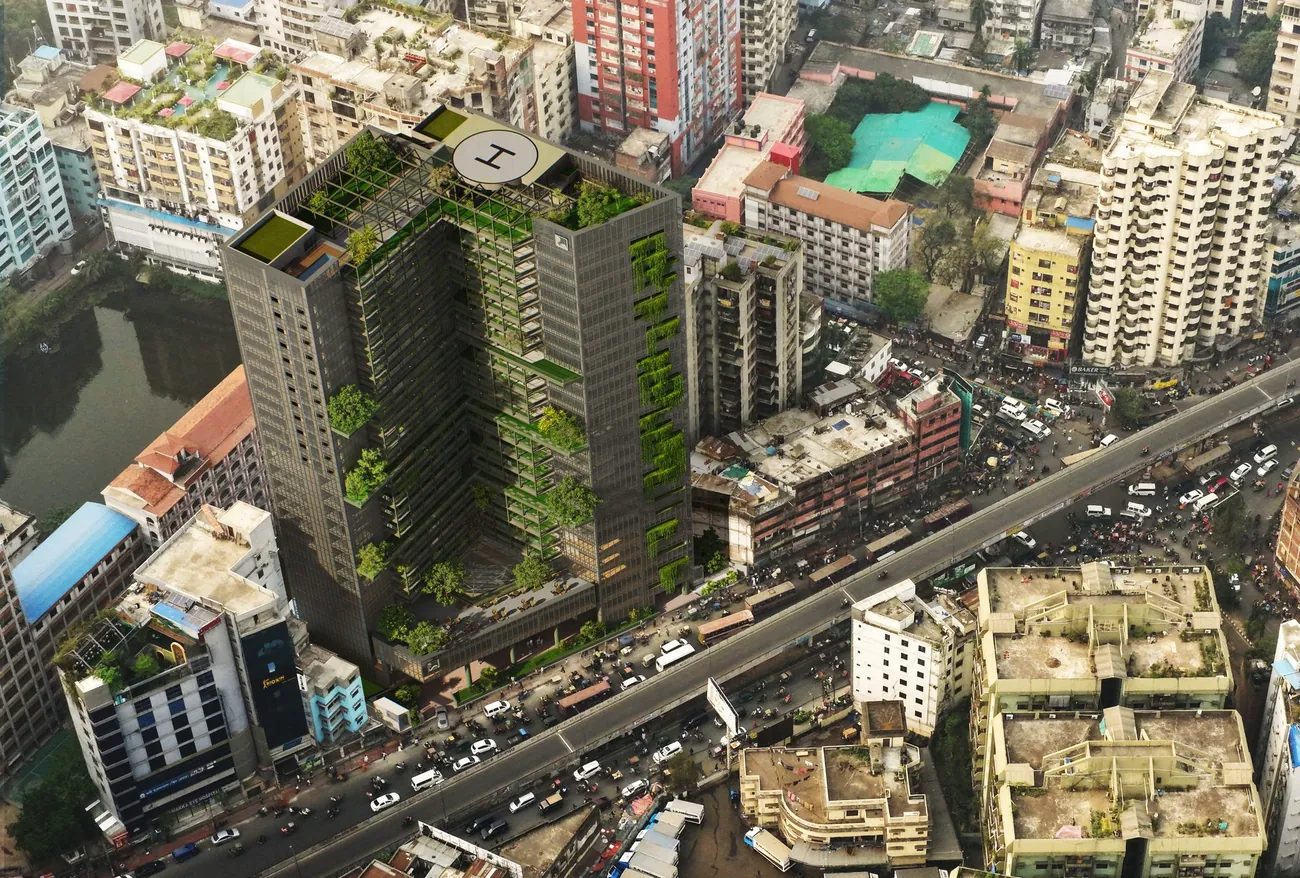 Aerial view of a development site in central Dhaka