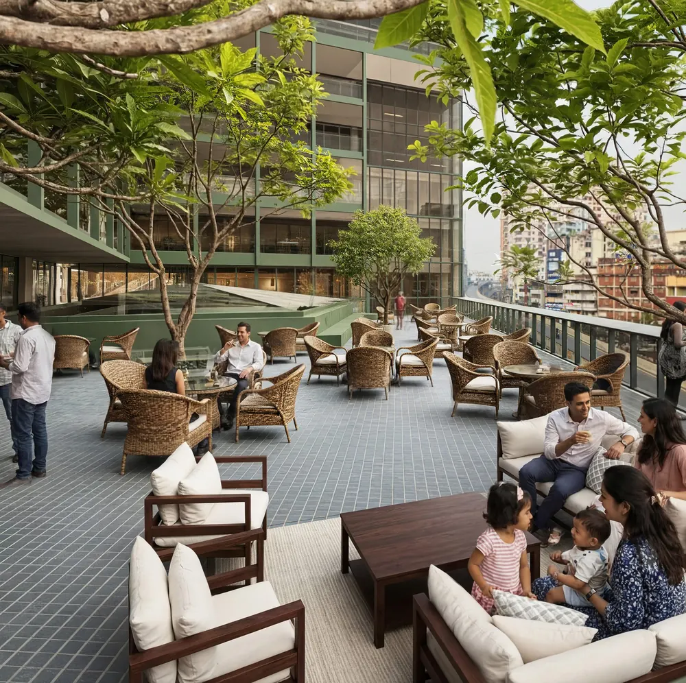 Planted terrace lounge with seating